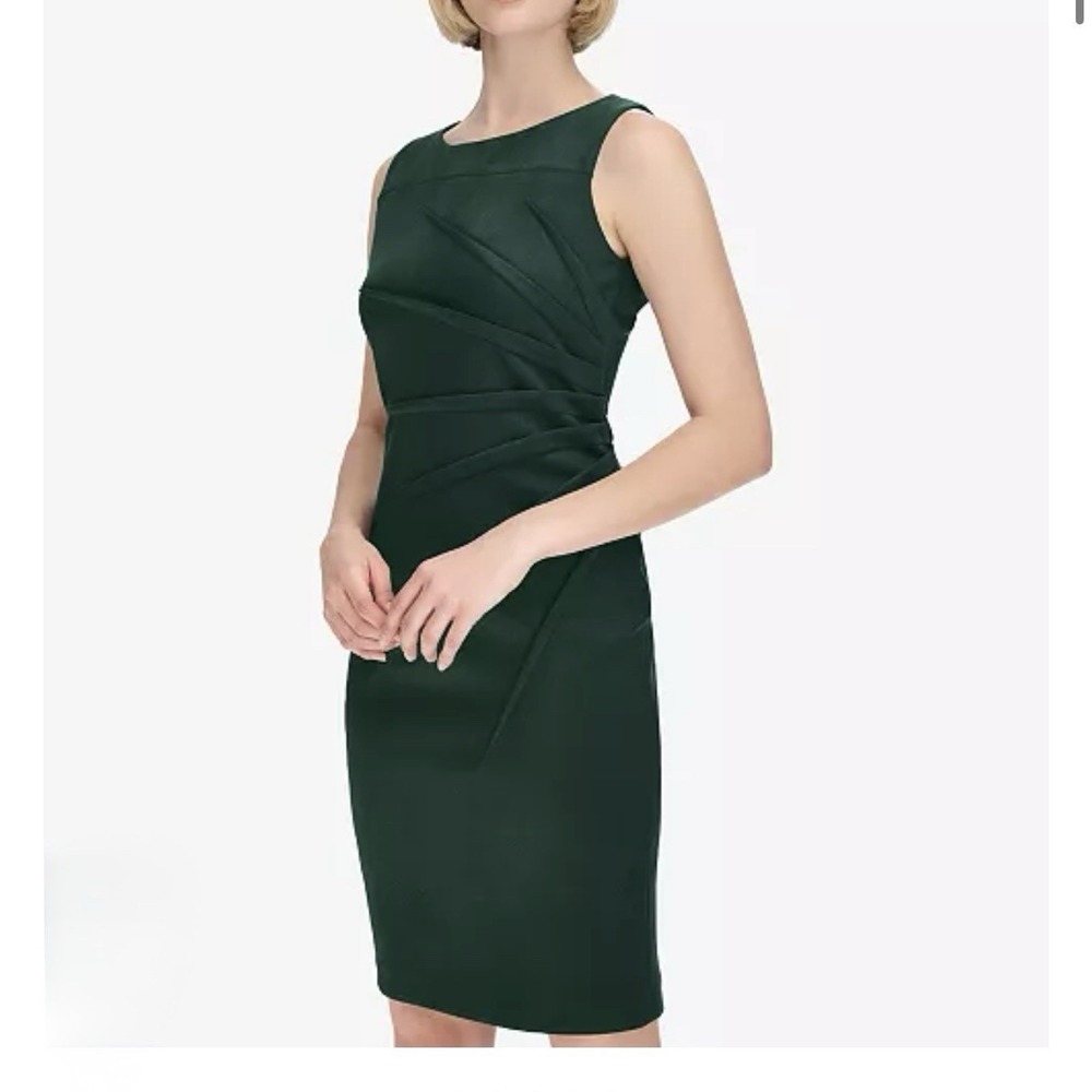 Calvin Klein Green Sunburst Seam Stretch Crepe Sleeveless Sheath Dress Size 10 - Picture 2 of 14